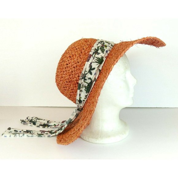 Paul Smith Women Coral Raffia Straw Sun Hat Floppy Wide Brim Silk Band Sz L Pool - Picture 4 of 12